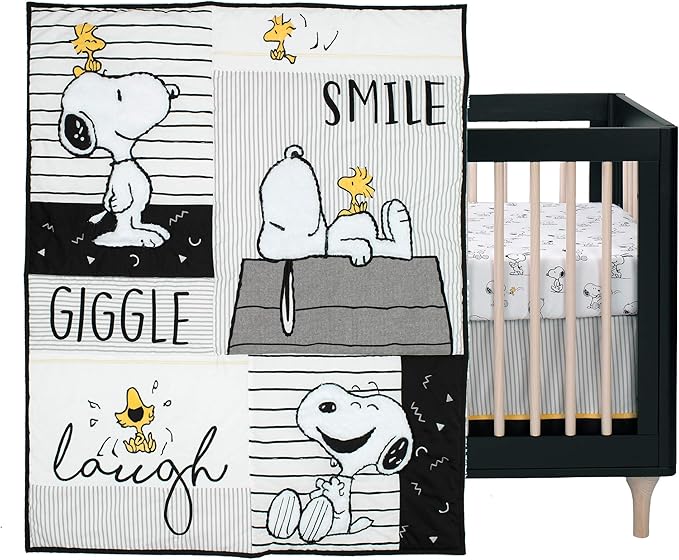 Lambs & Ivy Classic Snoopy White/Black/Gray 3-Piece Baby Crib Bedding Set