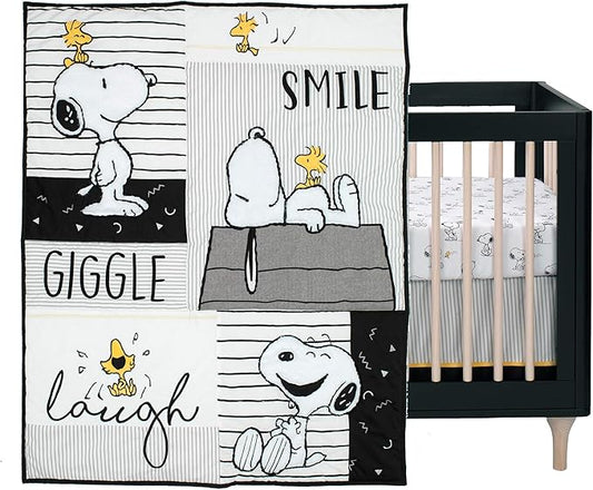 Lambs & Ivy Classic Snoopy White/Black/Gray 3-Piece Baby Crib Bedding Set