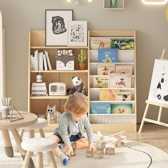 HedoAjim 4 Tier Kids Bookshelf Baby Toddler Book Rack Children Bookcase Toy Storage Organizer with 6 Sling Adjustable Shelf for Nursery Playroom Classroom Library Bedroom Natural Wood