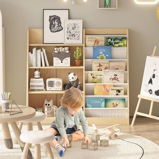 HedoAjim 4 Tier Kids Bookshelf Baby Toddler Book Rack Children Bookcase Toy Storage Organizer with 6 Sling Adjustable Shelf for Nursery Playroom Classroom Library Bedroom Natural Wood