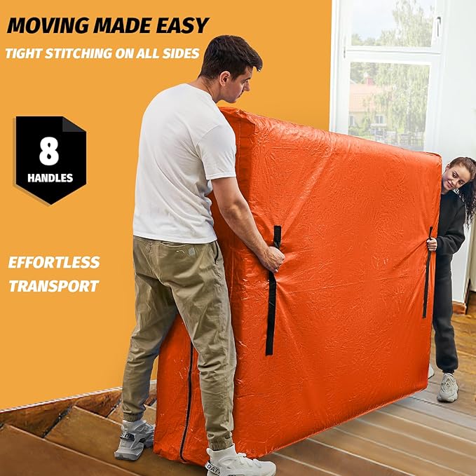 Mattress Bags for Moving, BETU Mattress Protector Waterproof Mattress Cover Queen Size Storage Bags with 8 Heavy-Duty Handles and Zipper for Bed Extra Thick Large Reusable (82"x62"x15" Orange)