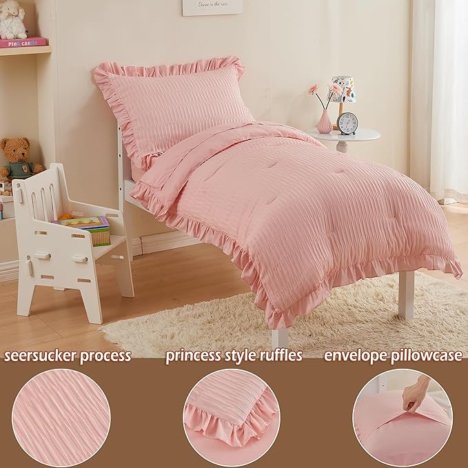 Cozyholy 4 Piece Textured Seersucker Toddler Bedding Set Girls Crib Sheets Set Pink Ruffle Baby Bed Comforter Set Lightweight Bed in a Bag | Include Comforter, Flat Sheet, Fitted Sheet, Pillowcase