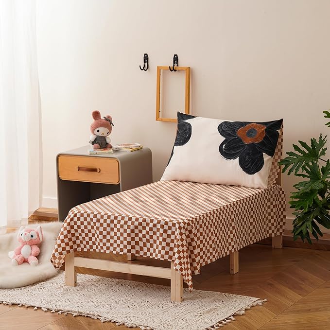 KAREVER Flower Toddler Bedding Set Botanical Print 4 Pieces Crib Bed Set Kids White Black Floral Comforter Set