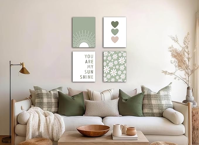 Boho Wall Art Set of 4 Sage Green Nursery Wall Decor You Are My Sunshine Canvas Painting Prints Daisy Flower Cute Heart Pattern Posters Baby Room Pictures for Bedroom Kid Girls Room 12x16 In Framed