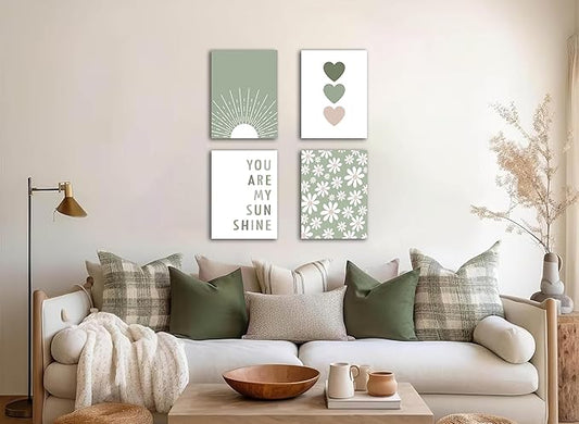 Boho Wall Art Set of 4 Sage Green Nursery Wall Decor You Are My Sunshine Canvas Painting Prints Daisy Flower Cute Heart Pattern Posters Baby Room Pictures for Bedroom Kid Girls Room 12x16 In Framed