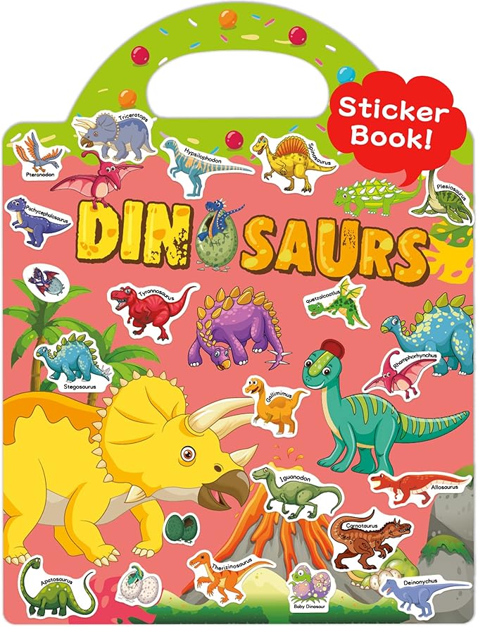 Benresive Reusable Sticker Books for Toddlers, Fun Travel Stickers for Kids, Toddler Sticker Book, Crafts Activities for Toddlers, 3 and Up Birthady Gifts - Dinosaurs