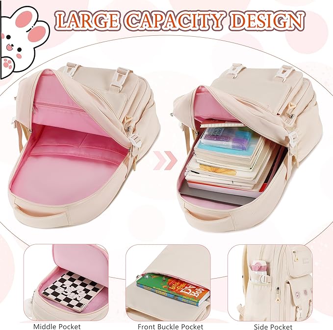 AO ALI VICTORY Backpack for Girls 3 PCS Cute School Backpacks Elementary Kids Book Bag with Lunch Box Pencil Case Set Laptop College Travel Back Pack Large Bookbags for Girl Teens Women Student White