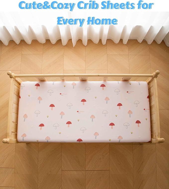 SDY Jersey Mushroom Crib Sheets for Baby Girls,52”x28”x8,2 Pack,Pink Cute Kawaii Standard Oval/Retangle Crib Mattress Sheets for Toddler,Super Soft Breathable