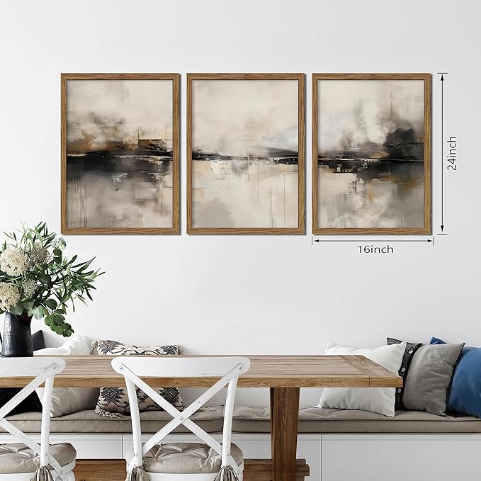 Neutral Abstract Wall Art Set of 3, Modern Black Brown Abstract Wall Decor Paintings, Minimalist Beige Textured Prints Pictures for Living Room Bedroom Office Home Decor 16x24 Inch Wood Framed
