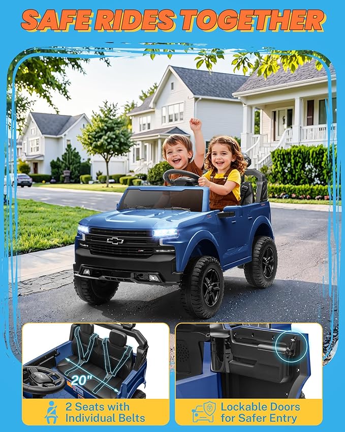 ENYOPRO 24V 2 Seater Ride on Car for Kids, Licensed Chevy Silverado LT Trail Boss Battery Powered Electric Car for Toddlers w/Remote Control, Metal Suspension, Soft Start, Bluetooth, LED Lights (Blue)