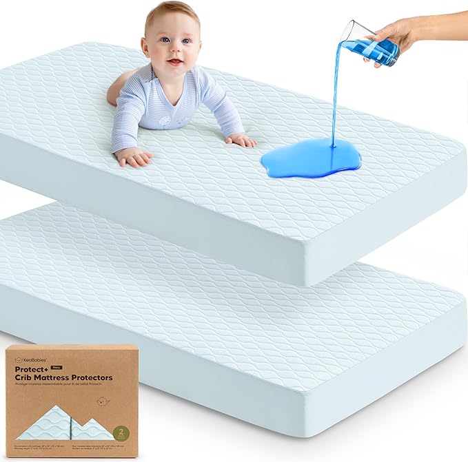 2-Pack Waterproof Crib Mattress Protector Cover Fitted - Quiet Baby Crib Mattress Pad Sheets, 52" x 28" Soft Quilted Cotton Baby Sheet, Machine Washable, Easy Fit, Durable (Frost/Mavy)