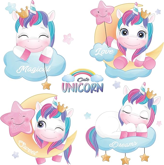 Ollaland Unicorns Wall Decals - Colourful Peel and Stick Cute Unicorn Wall Stickers, Decor for Baby Nursery, Toddler & Kids Bedroom Walls
