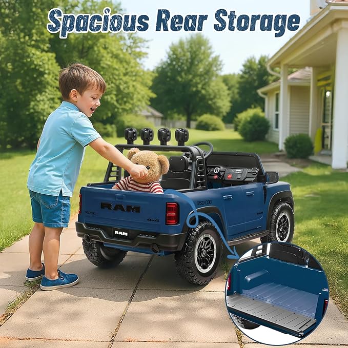 Electric Car for Kids, Licensed Ram 1500 RHO, 24V Ride on Toys for Big Kids, Battery Powered with Parent Remote Control, LED Light/Music/MP3, Back Storage, Blue
