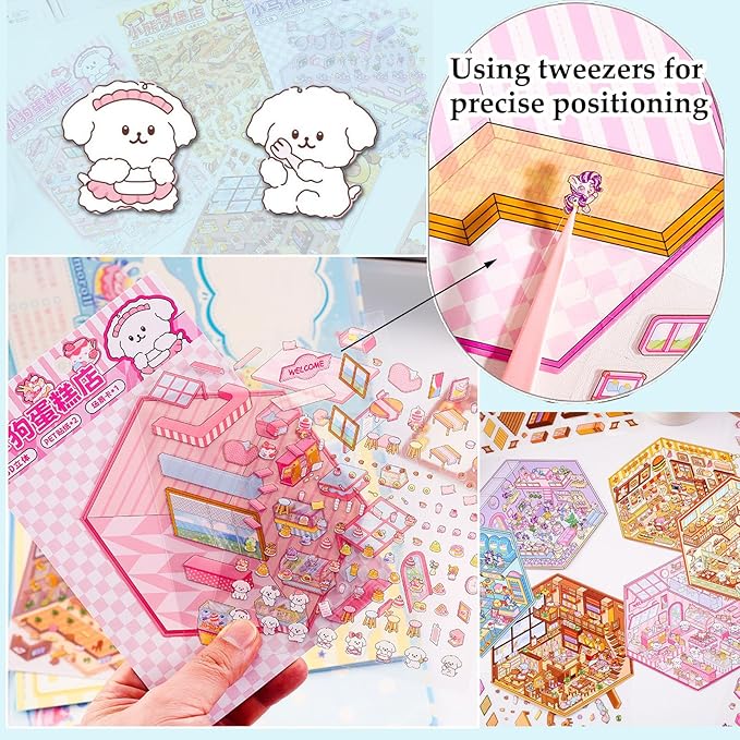 DIY 3D House Sticker, 6 Sets of Sticker Make Your Own Mini Shop Scenes Stickers for Kids Kawaii Cartoon Scene Stickers for Adult Relief Stress, Holiday & Christmas Fun
