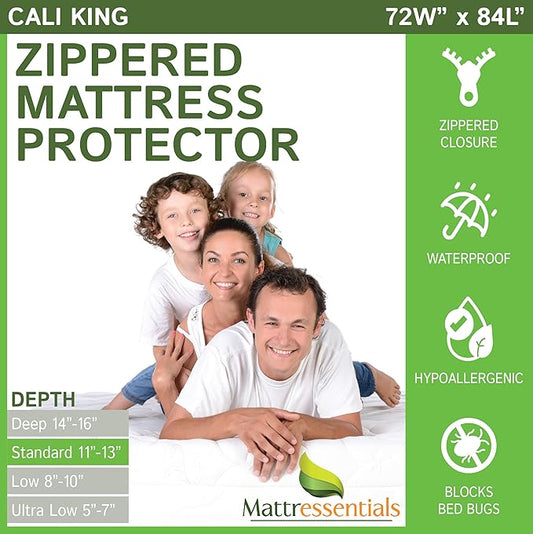 Zippered Cali King Mattress Protector (11"-13" Depth) - Bed Bug Waterproof Mattress Cover, Premium Quality Hypoallergenic Encasement White
