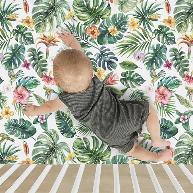 Tropical Flower Leaves Hummingbirds Baby Crib Sheets for Boy Girl 52"x28" Greenery Tropical Jungle Soft Snug Fitted Crib Mattress Cover Boho Summer Baby Sheet for Standard Crib & Toddler Bed Mattress