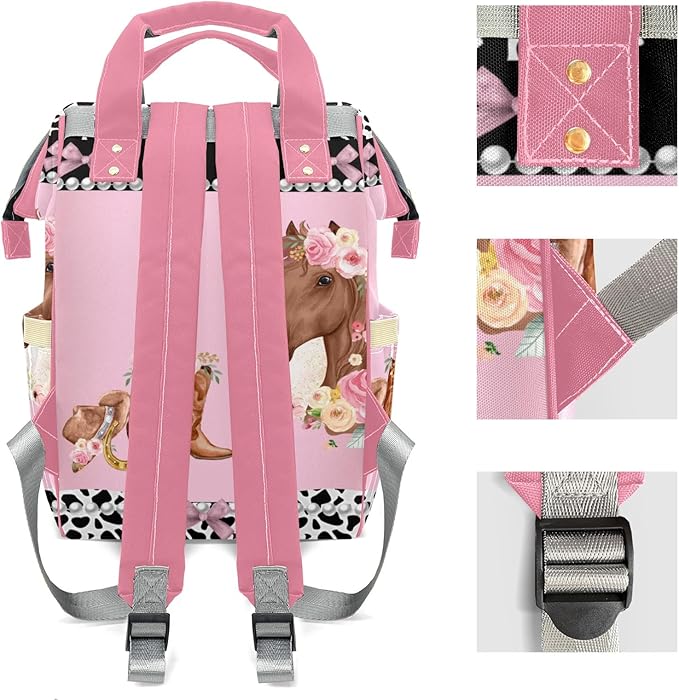 Personalized Cowgirl Horse Floral Custom with Name Diaper Bag Backpack For Baby Boy Girl Dad Mom Unisex for Adult Daypack Holiday Gift