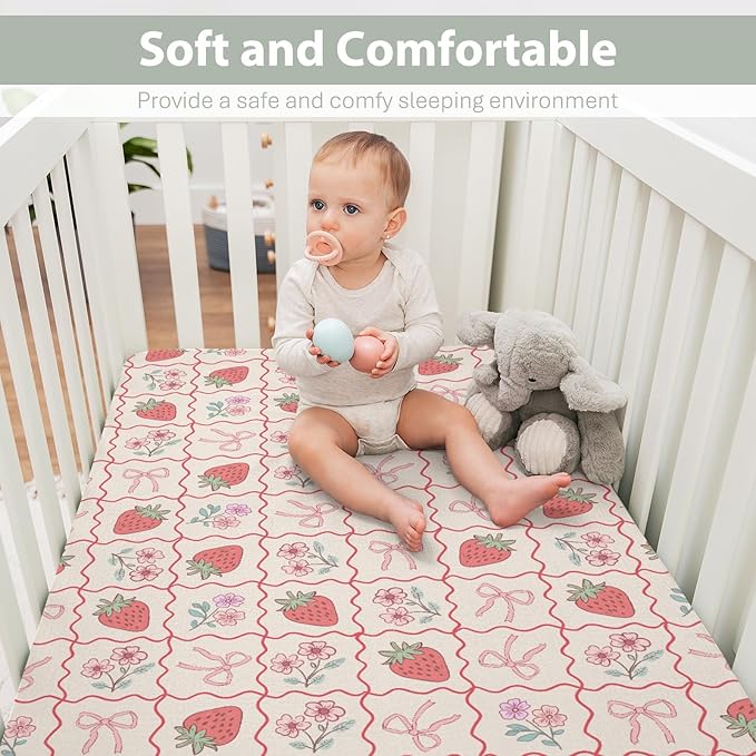 Boho Strawberry Flowers Baby Crib Sheets for Girl 52"x28" Strawberries Pink Bows Checkerboard Soft Snug Fitted Crib Mattress Covers Summer Fruit Baby Sheet for Standard Crib & Toddler Bed Mattress