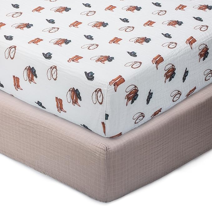 LollyBanks Baby Crib Sheets 2 Pack, 100% Cotton Muslin Breathable Fitted Crib Sheet for Boys, Soft and Snug Baby Bed Sheets for Standard 52"x28" Mattress, Infant Essentials (Cowboy and Solid Tan)