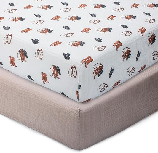 LollyBanks Baby Crib Sheets 2 Pack, 100% Cotton Muslin Breathable Fitted Crib Sheet for Boys, Soft and Snug Baby Bed Sheets for Standard 52"x28" Mattress, Infant Essentials (Cowboy and Solid Tan)
