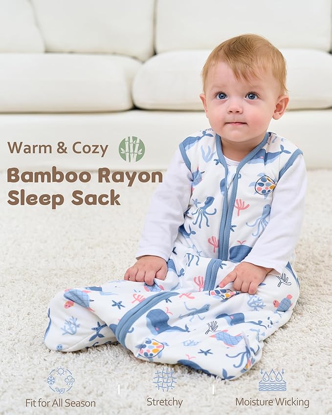 Rayon Made from Bamboo Baby Sleep Sack 0-6 Months, 1.0 Tog Baby Wearable Blanket, Soft Sleeping Bag for Newborn Infant Babies with 2-Way Zipper 2 Pack (Small) Blue Whale