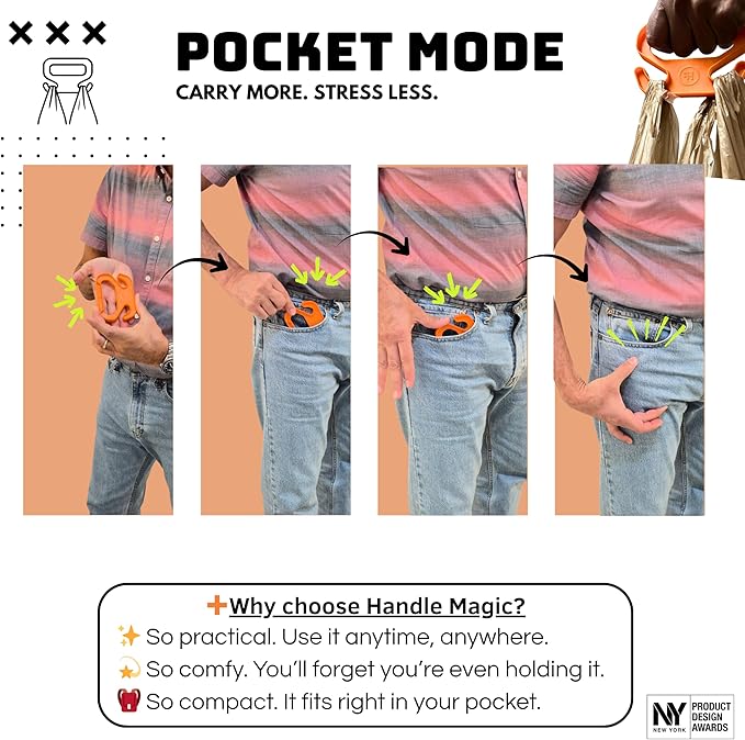 Handle Magic (2 Units) Bag Carriers | Ergonomic Grip and Bag Holder | Pocket Size | Lightweight & Comfortable for Shopping & Travel - Made in USA (Orange)