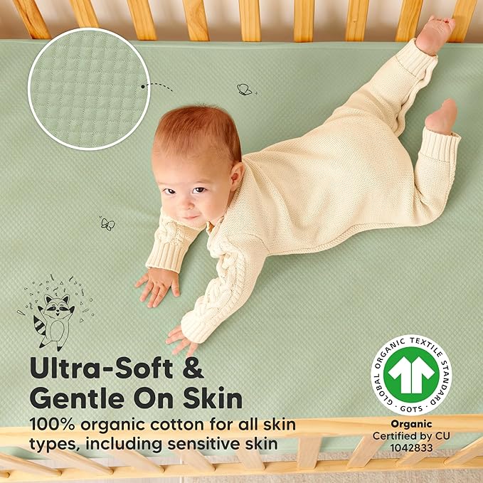 2-Pack Waterproof Crib Mattress Protector Cover Fitted - Quiet Baby Crib Mattress Pad Sheets, 52" x 28" Soft Quilted Cotton Baby Sheet, Machine Washable, Easy Fit, Durable (Soft Fern/Quin)