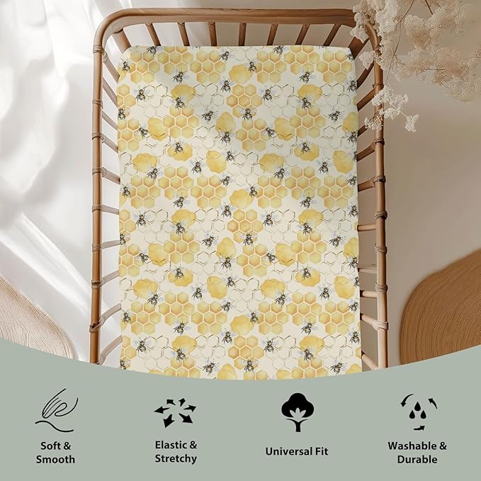 Honeycomb Bees Baby Crib Sheets for Boy Girl 52x28Inch Yellow Bee Honey Soft Stretchy Fitted Crib Mattress Covers Spring Summer Nursery Baby Sheets for Standard Crib and Toddler Bed Mattresses