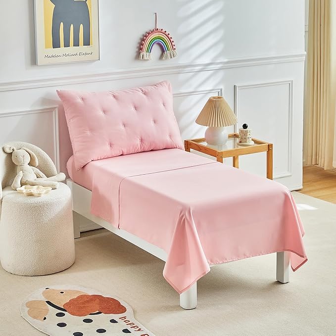 DuShow 4 Piece Toddler Bedding Set for Girls, Pink Embroidery Crib Bed Comforter Set, Includes Comforter, Fitted Sheet, Flat Sheet and Envelope Pillowcase, Soft Toddler Bed Sheet Set