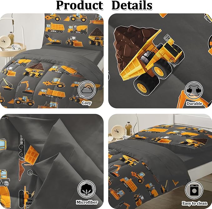 Toddler Bedding Set for Boys - 4-Piece Truck Bedding Comforter Set for Kids, Soft Comfort Construction Vehicle Bedding Includes Flat Sheet, Fitted Sheet, Comforter, Pillowcase