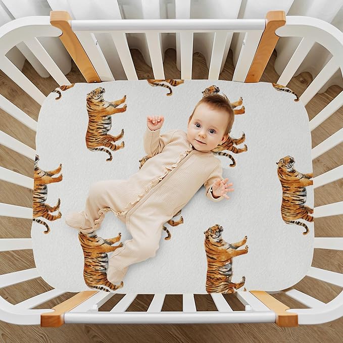 Tropical Tigers Animal Grey Crib Sheets Soft Breathable Fitted Baby Crib Sheets Mattress Cover for Girls Boys, 52" x 28" x 9"