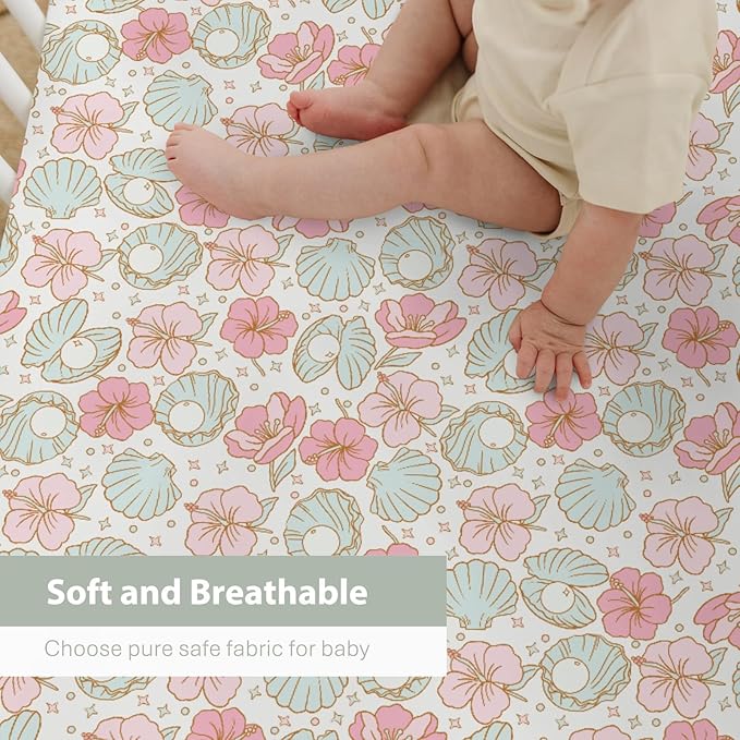 Boho Summer Mermaids Floral Baby Crib Sheets for Boy Girl 52"x28" Beach Seashells Conch Tropical Flowers Soft Snug Fitted Crib Mattress Cover Ocean Marine Baby Sheet for Crib & Toddler Bed Mattress