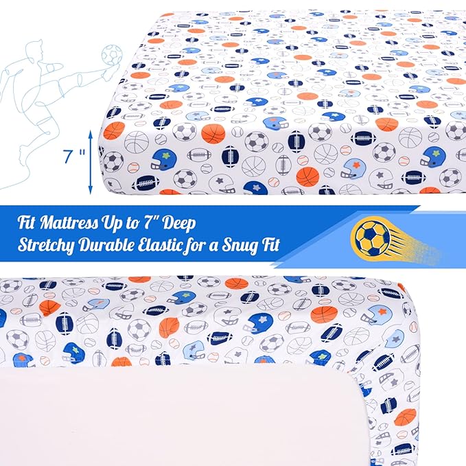 Crib Sheet - 1 Pack Sports Theme Nursery Bedding Sheet - Footballs Printed Standard Size Infant Bed Sheet Basketball Baby Boy Bed Linens for Crib by UOMNY