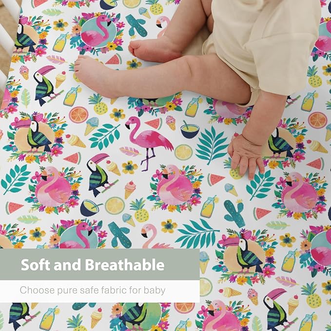 Pink Flamingo Toucan Tropical Fruits Baby Crib Sheets for Boy Girl 52"x28" Colorful Summer Birds Leaves Soft Snug Fitted Crib Mattress Cover Hawaiian Baby Sheet for Standard Crib & Toddler Mattress