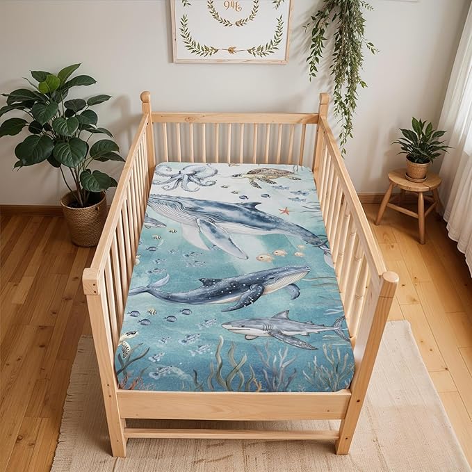 Under The Sea Baby Crib Sheets Boy Girl 52"x28" Boho Whale Shark Turtle Fishes Coral Seaweed Soft Snug Fitted Crib Mattress Cover Ocean Marine Coastal Baby Sheet for Standard Crib & Toddler Mattress
