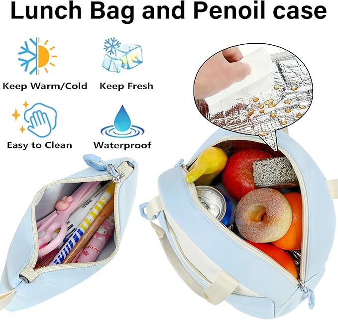 QHRIDS School Backpack for Girls, 3PCS Laptop Backpack 15.6 Inch with Lunch Box Pencil Pouch Set for Kids Teens Elementary Middle High School College Bookbag Student Casual Travel Daypack,Blue Beige