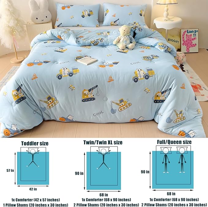 3PCS Comforter Twin Size Bed Set, Ultra Soft Marshmallow Fluffy Comforter Sets, Cute Bedding Set for Kids Boys Teen, Microfiber Lightweight All Seasons Bedroom (Truck)