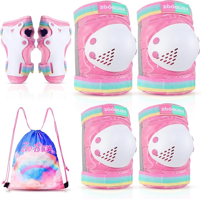 Knee Pads for Kids - ZOOBLISS Toddler Knee and Elbow Pads Set Wrist Guards for Skating Girls Aged 3-12, Kids Protective Gear for Roller Skates Skateboard Bike Scooter, Included Drawstring Bag(Rainbow)