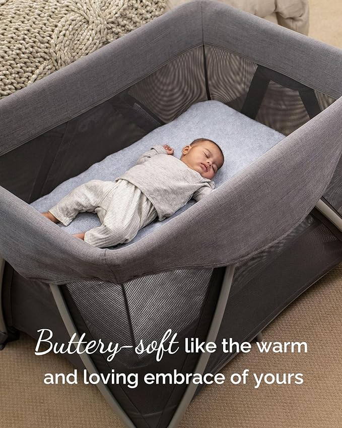 Pack and Play Sheets Fitted – Compatible with 4moms Breeze Plus Playard and Other Large Playpen Mattress – Buttery Soft Jersey Playard Sheets, Grey + Navy + Cloud, 3 Pack