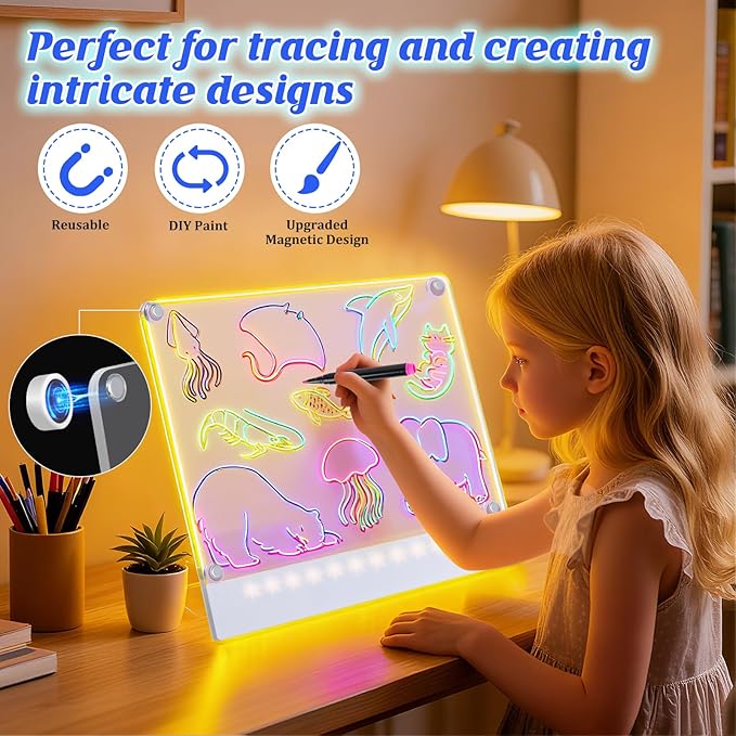 Rechargeable LED Drawing Board for Kids with Tracing Pages, Lumi Board Magnetic Light Up Acrylic Dry Erase Board, LED Note Board with 4 Magnets, Valentines Day Gifts Toy for Kids/Girls