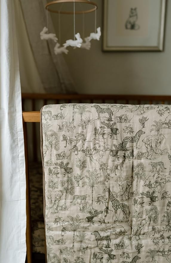 Oilo 100% Organic Premium Cotton Muslin Crib Quilt & Sham Set, (45" x 60") Print and Solid Sides, Extra-Soft & Lightweight, Fits Toddler Beds, Heirloom Organic Collection, Vintage Safari
