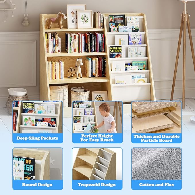 HedoAjim 4 Tier Kids Wooden Bookshelf,Five Layer Sling Children Bookcase,Baby Storage Book Rack,Book and Toy Organizer Cabinet Chest,Book Display Shelf,Playroom Nursery Classroom Library