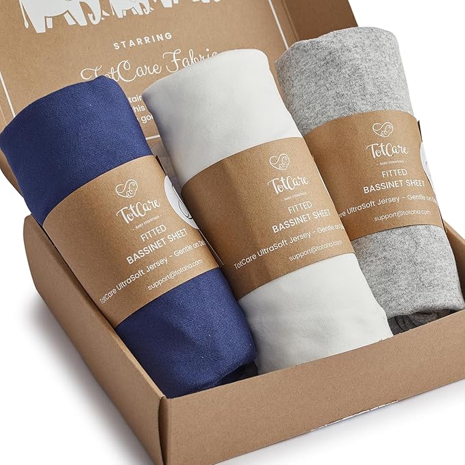 Bassinet Fitted Sheets Compatible with 4moms Breeze Plus Bassinet Model 1045 - Buttery Soft, Silky Comfort, Premium Stretchy Jersey Knit Bassinet Sheets - Navy + Grey + Cloud, 3 Pack