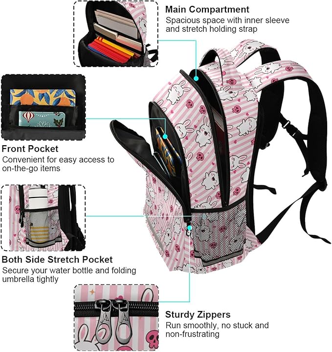 MNSRUU School Backpack with Chest Strap, Doodle Kawaii Rabbit Laptop Backpack, Travel Hiking Backpack for Boys Girls, Rucksack, Knapsack One Size