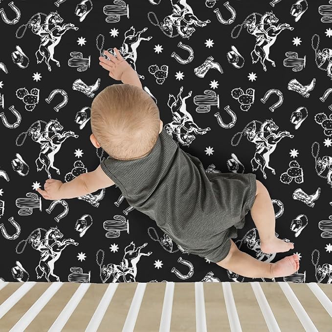 Black Western Cowboy Baby Crib Sheets for Boy Girl 52"x28" Cowboy Boots Hat Horse Cactus Soft Stretchy Fitted Crib Mattress Cover Wild West Desert Baby Sheet for Standard Crib and Toddler Mattress
