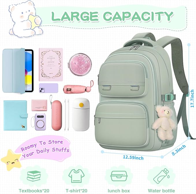 KBTYE School Backpack for Kids Girls Cute Travel Backapck for College Women Men Casual Laptop Bookbag for Teen Student(Green)