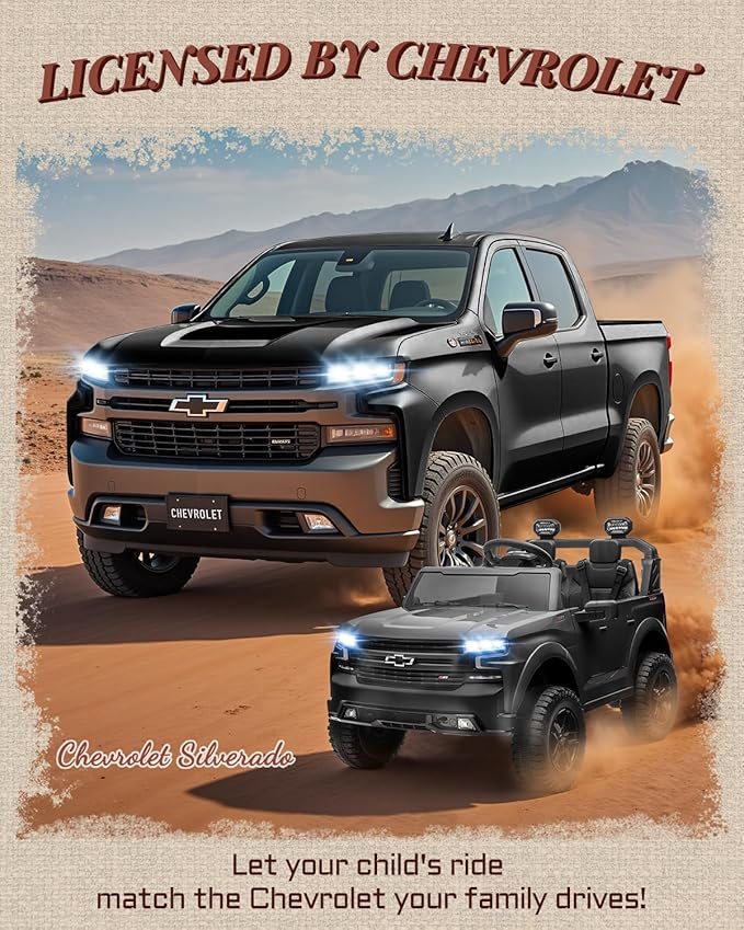 First Ride On 24V 2 Seater Ride on Toys Licensed Chevrolet Silverado, Electric Vehicle with Remote Control and Seat Belts, Electric Ride On Truck wtih Trunk, Bluetooth and LED Lights (Black)