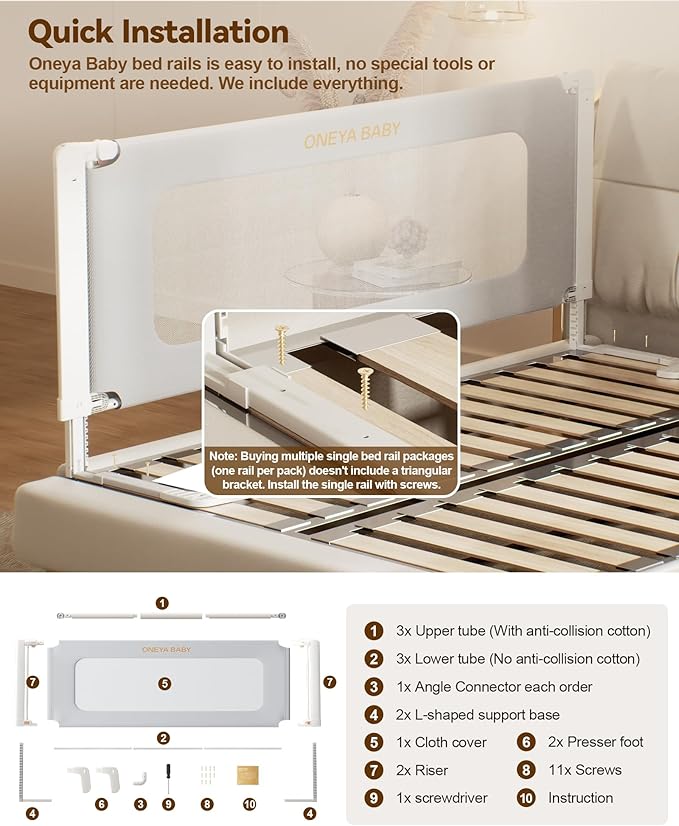 Bed Rail for Toddlers, Thickened & Reinforced Baby Bed Rail Guard for Full Bed with Double Child Lock, Upgraded Toddler Bedrails with Height Adjustable, Grey, 1Side 54" Lx28 H
