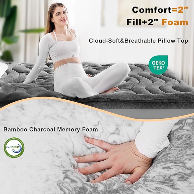Dual Layer 4 Inch Bamboo Memory Foam Mattress Topper Full Size, 2 Inch Thick Soft Quilted Pillow Top Cover Plus 2 Inch Charcoal Gel Memory Foam Mattress Pad for Back Pain Relief