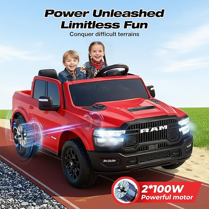 FUNTOK 24V 2 Seater Ride On Truck for Big Kids, Licensed RAM 2500 Kid's Electric Vehicles w/Remote Control, LED Light/Music/MP3/Bluetooth, Truck Bed Storage, Carry Wheels & Handle, Car for Kids 3-8